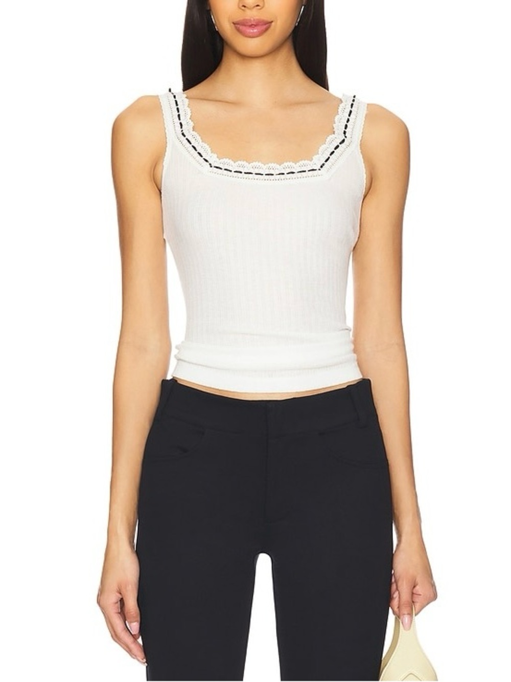 Free People Only You Lace Trim Rib White Tank Top Size Medium NWT